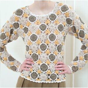 Vintage Express Tricot Brown Yellow‎ Boho Crochet Hand Knitted Top Sweater Small